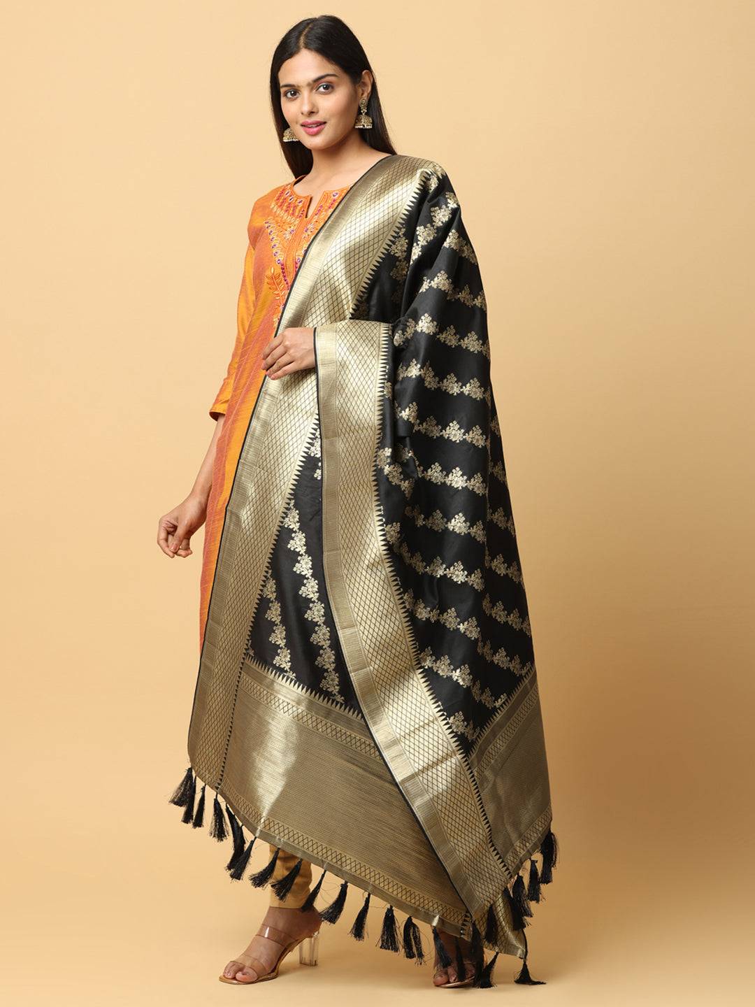 Stylish black dupatta with gold woven design.