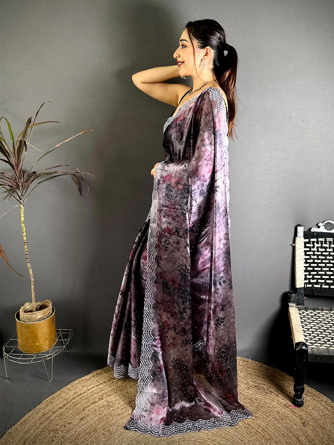 Imported Glass Satin Silk Diamond Work Saree