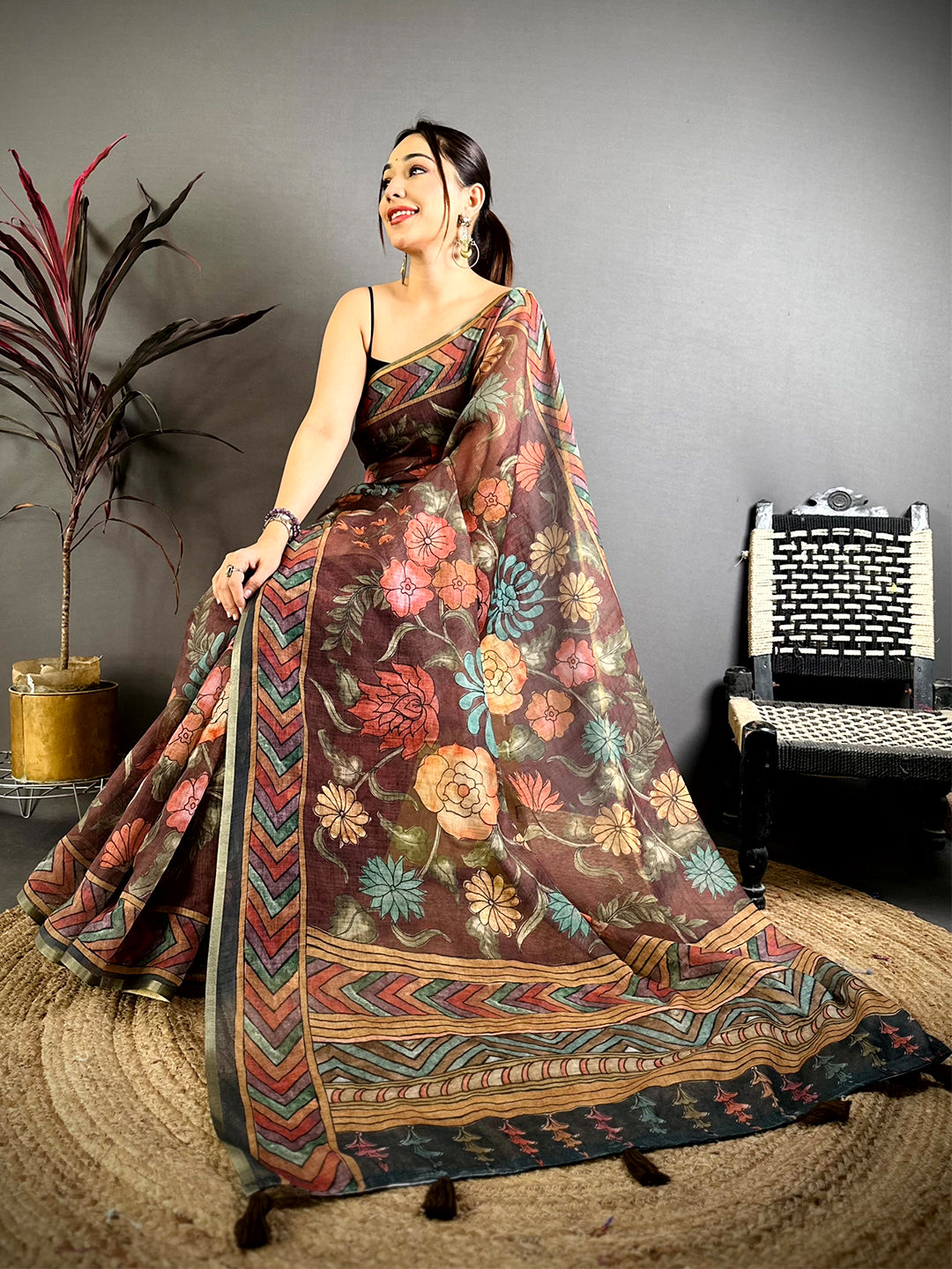 Brown Kalamkari Linen Chanderi Saree
