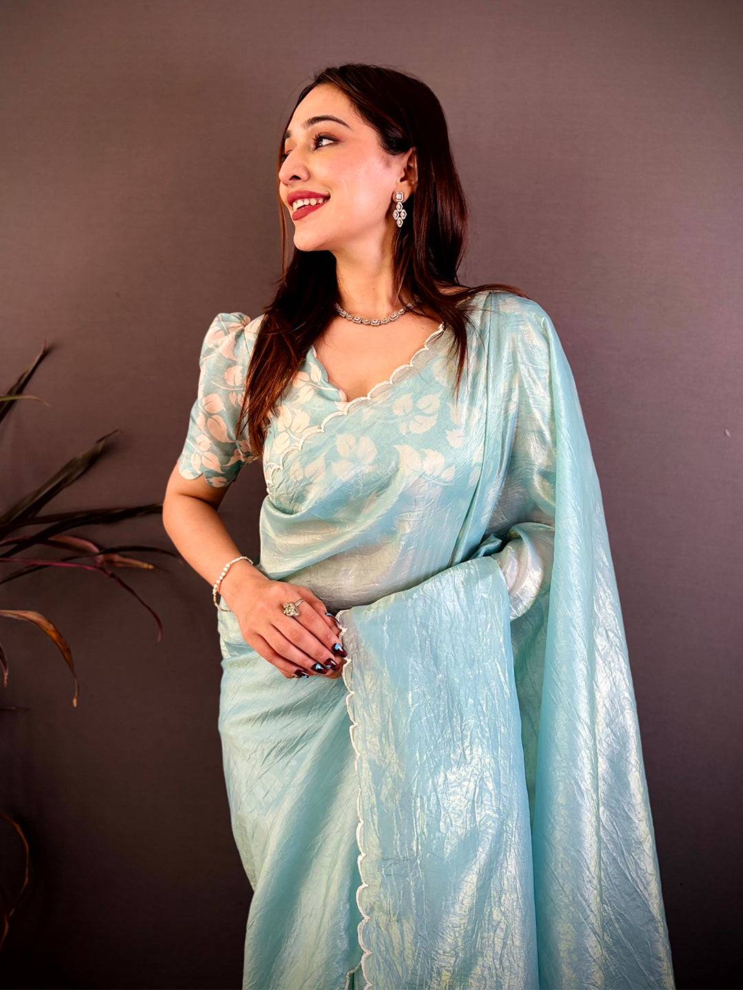 Aqua Bariq Cutwork Crash Silk Saree