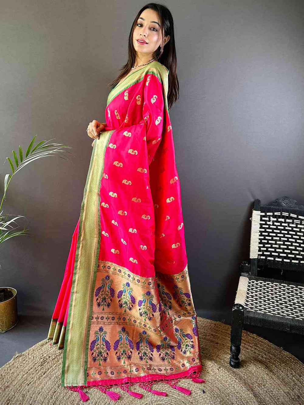 Exquisite Yevla Paithani Minakari Work Silk Saree in Pink Colour