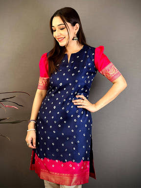 Navy Soft Dola Silk Round Slit Neck Kurti