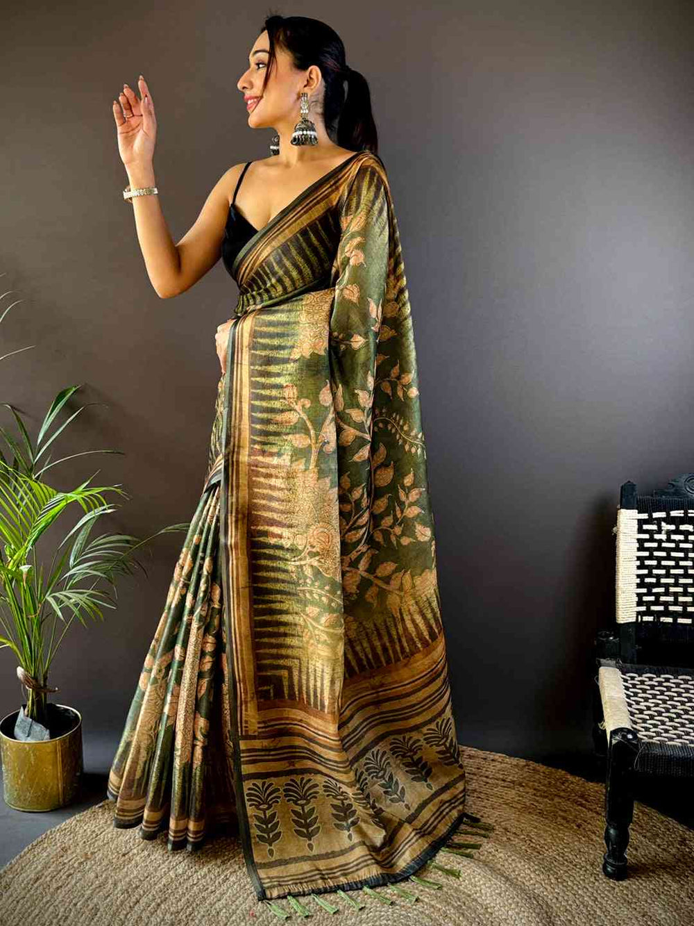 Olive Green Floral Stripes Tissue Saree