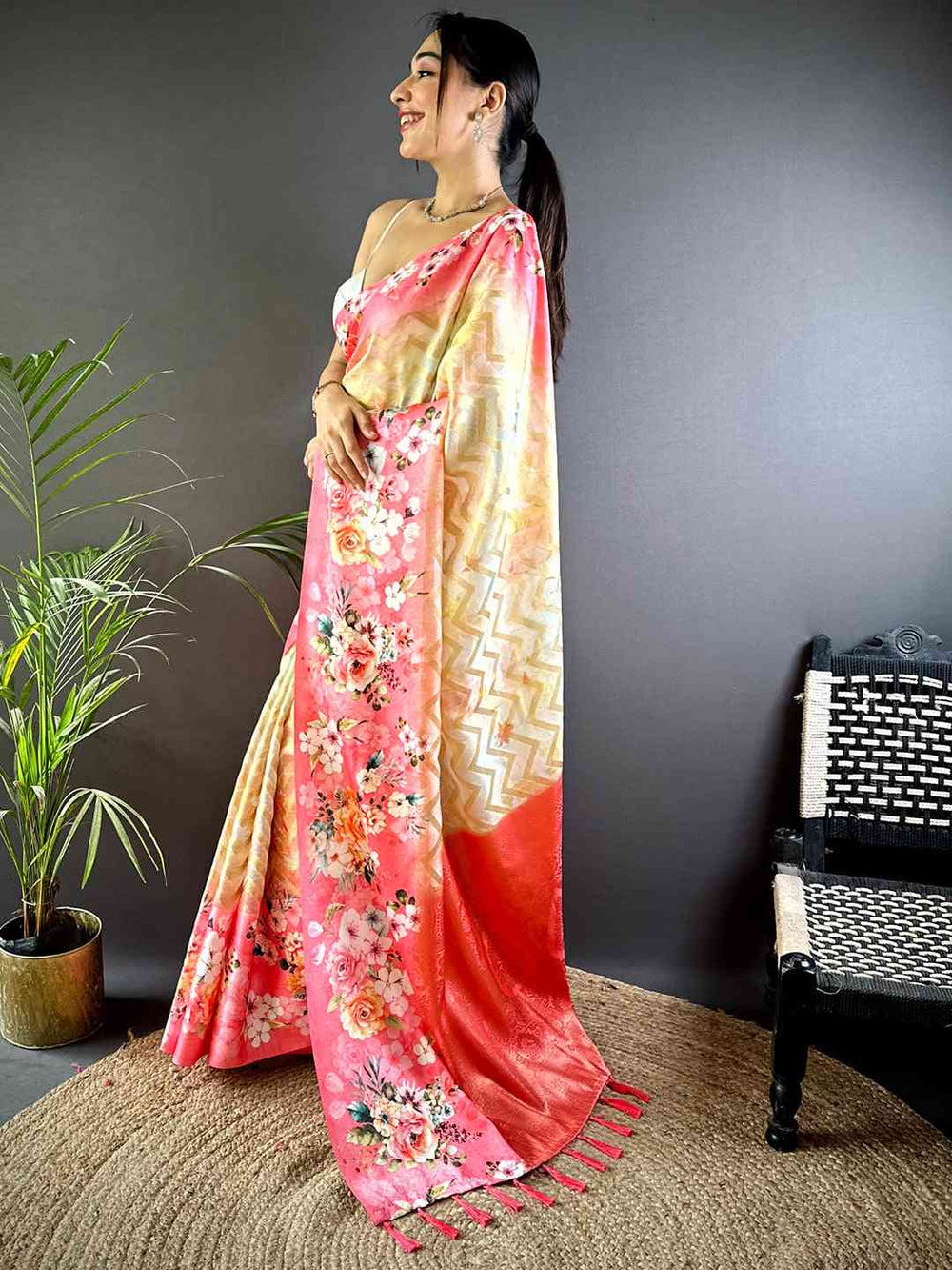 Pink Zari Zigzag Kota Doriya Saree