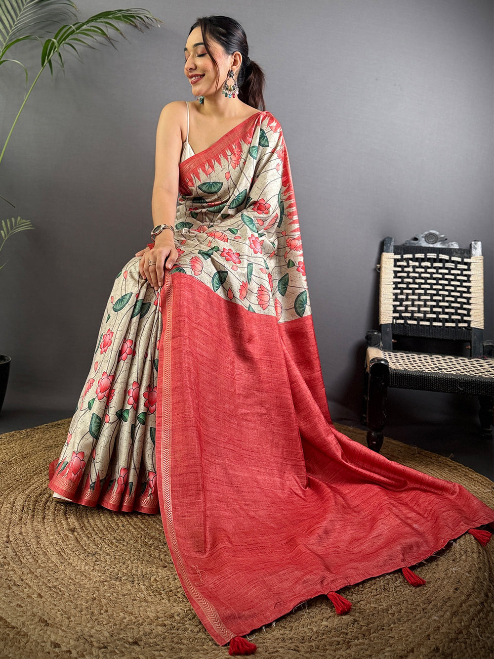 Beige Pichwai Print Tussar Silk Saree