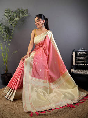 Radiant Peach Soft Silk Floral Butta Saree

