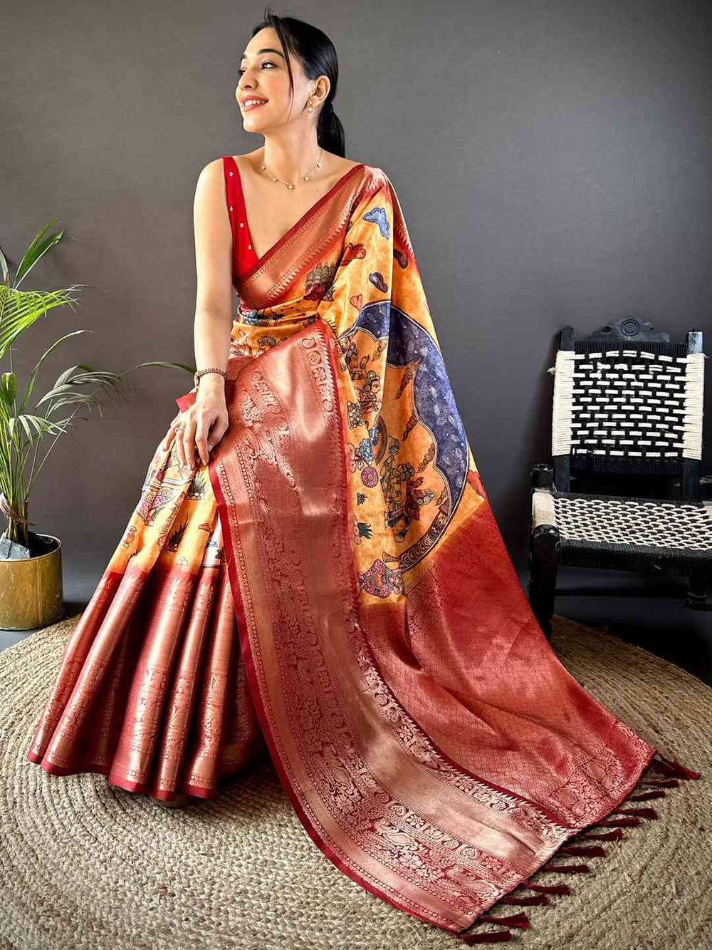 Mustard Ramayana Pen Kalamkari Printed Saree