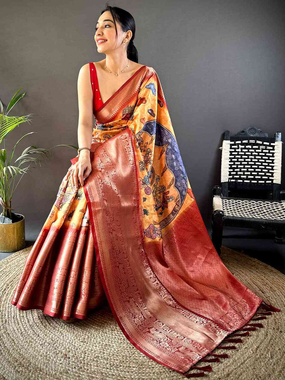Mustard Ramayana Pen Kalamkari Printed Saree