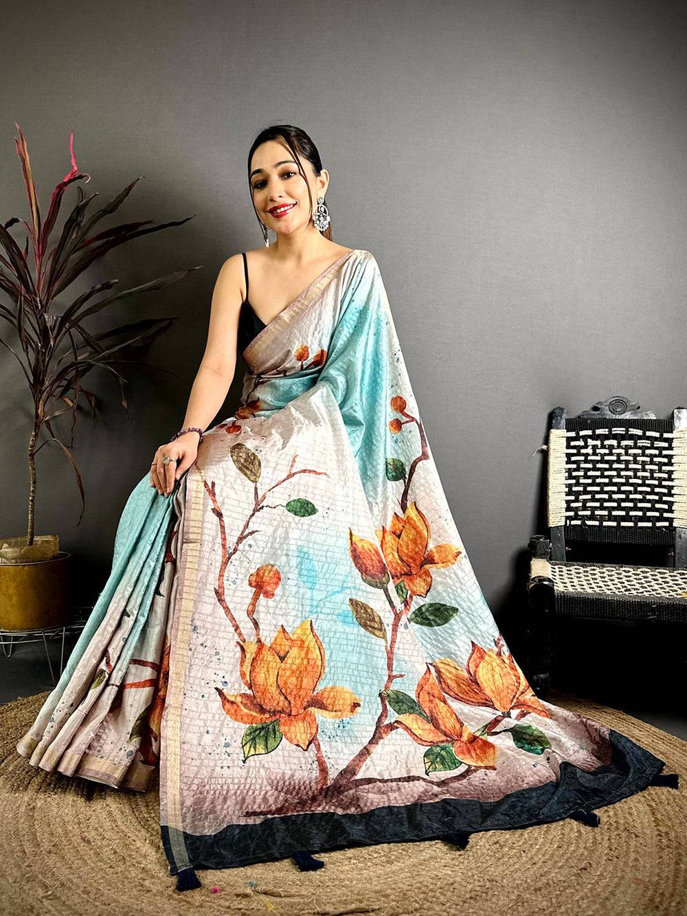Pastel Sky Blue Ghicha Tussar Floral Saree