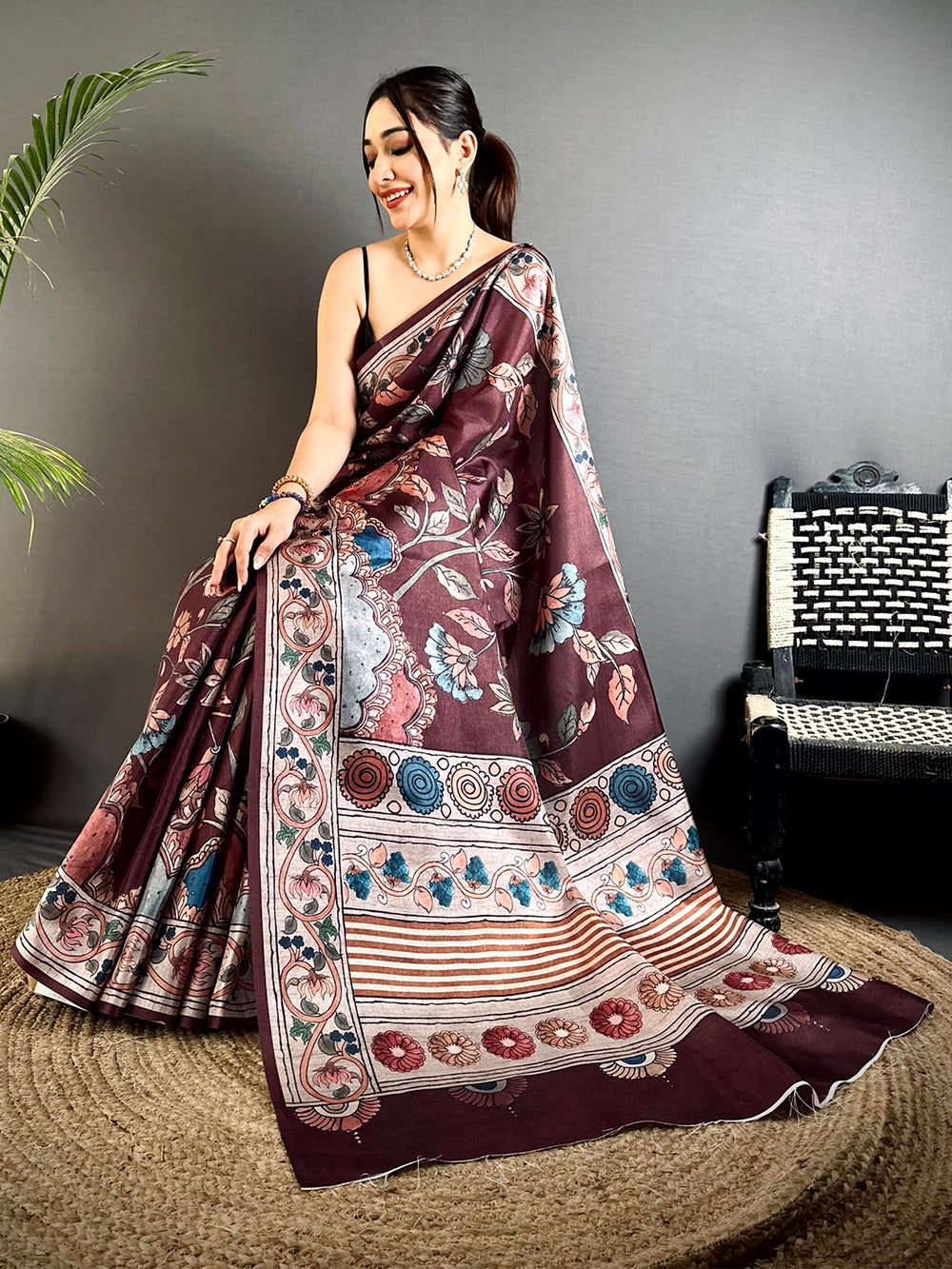 Regal Dark Floral Soft Tussar Saree