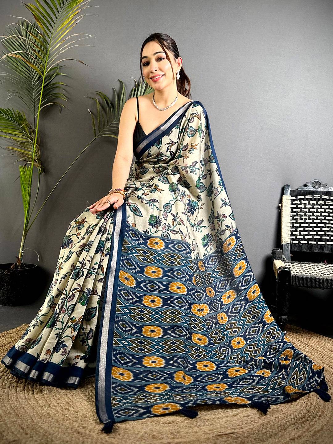 Navy Floral Phulkari Mul Cotton Saree