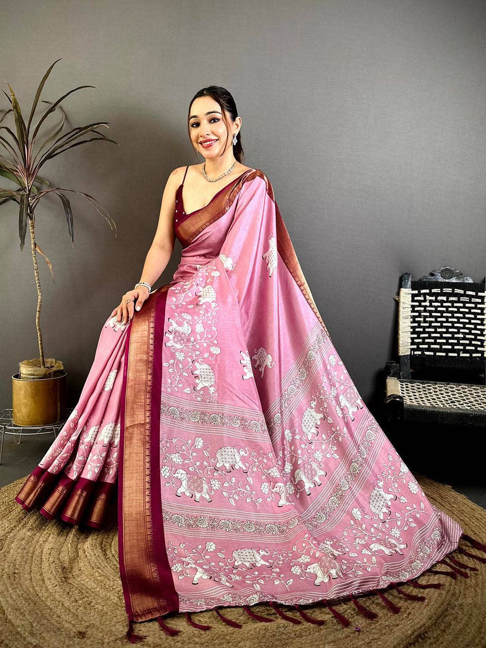 Pink Soft Dola Block Kalamkari Zari Saree