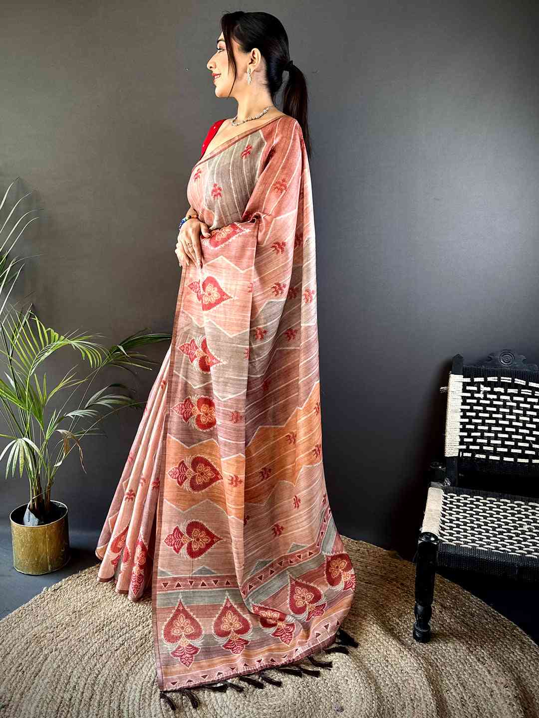 Rust Tissue Chanderi Geometric Floral Saree