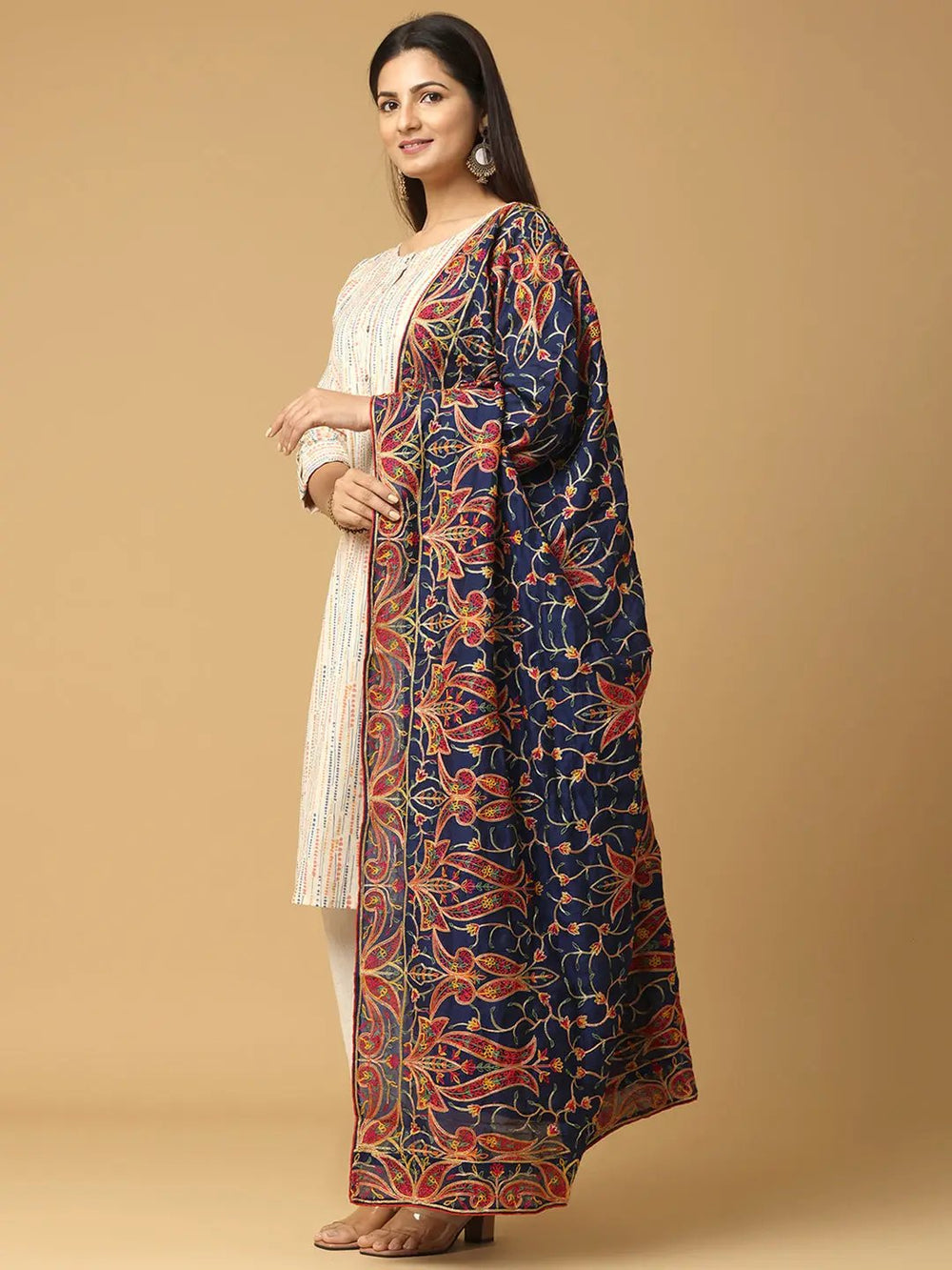 Side view of navy chiffon dupatta showcasing embroidery.