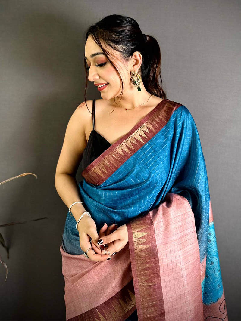 Elegant Half Half Tussar Zari Checks Saree