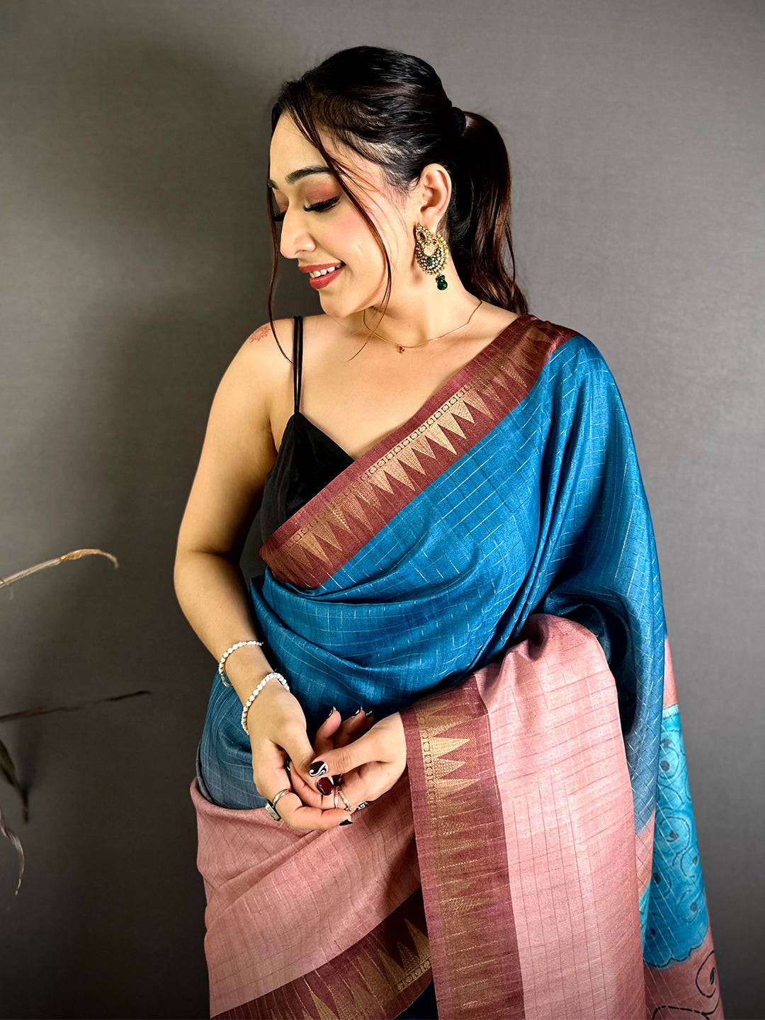 Elegant Half Half Tussar Zari Checks Saree