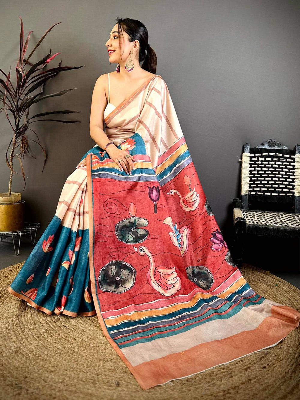 Vibrant Kalamkari Art Tussar Saree
