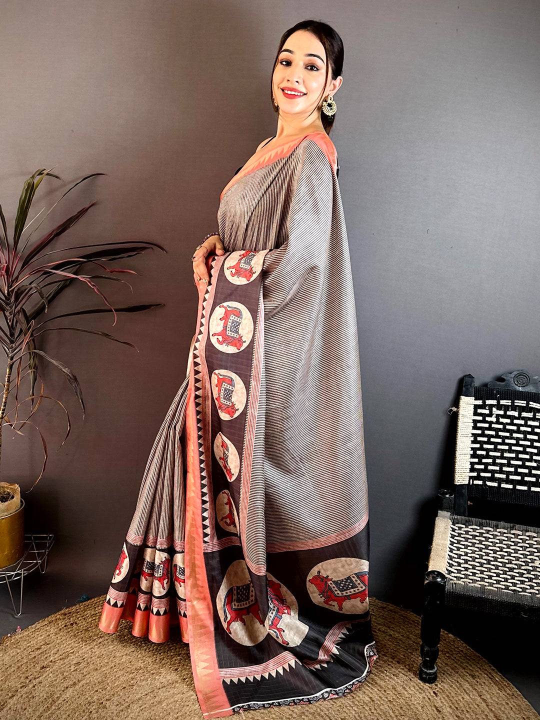 Regal Black Striped Tussar Saree
