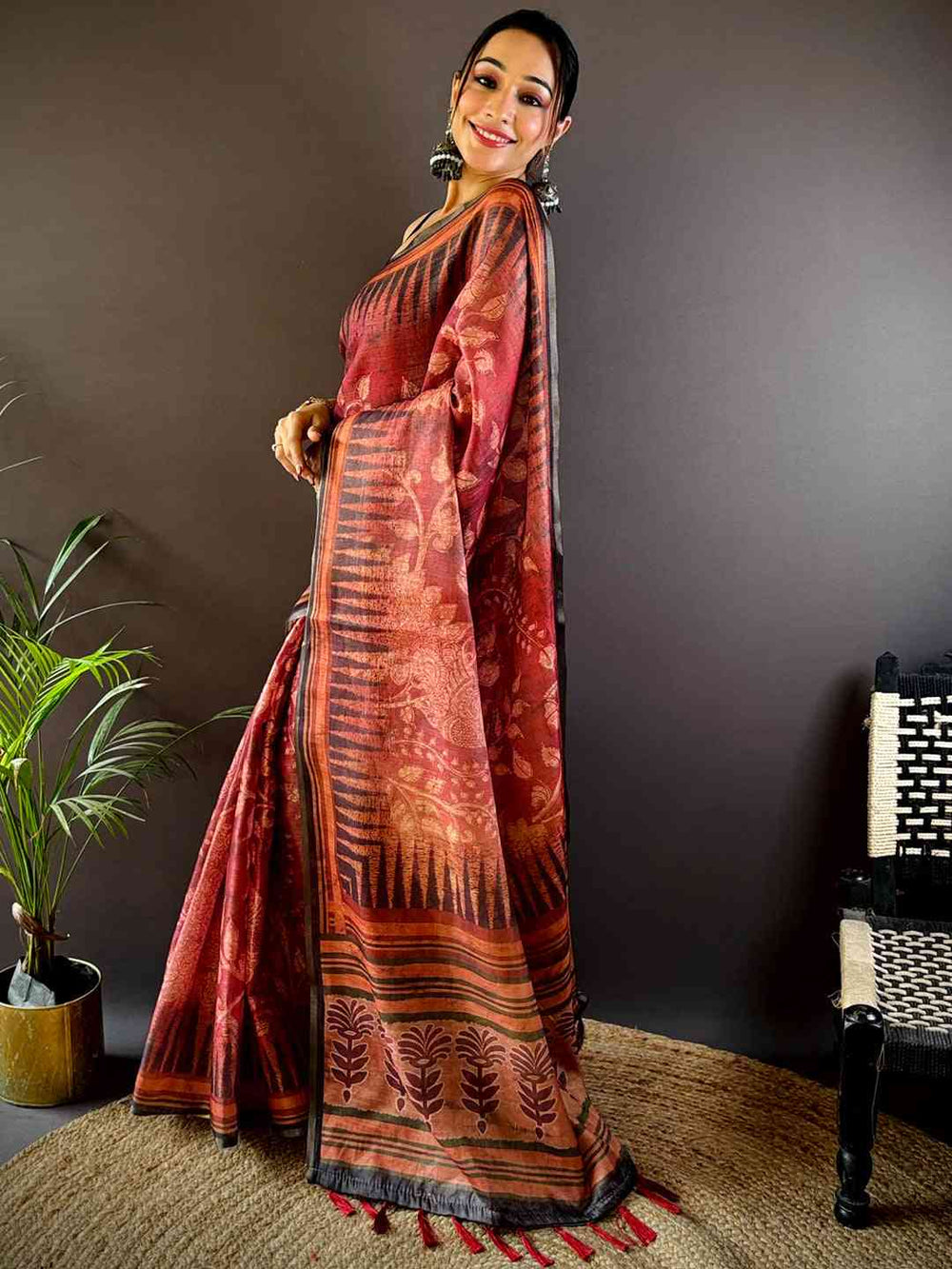 Rust Red Floral Stripes Tissue Saree
