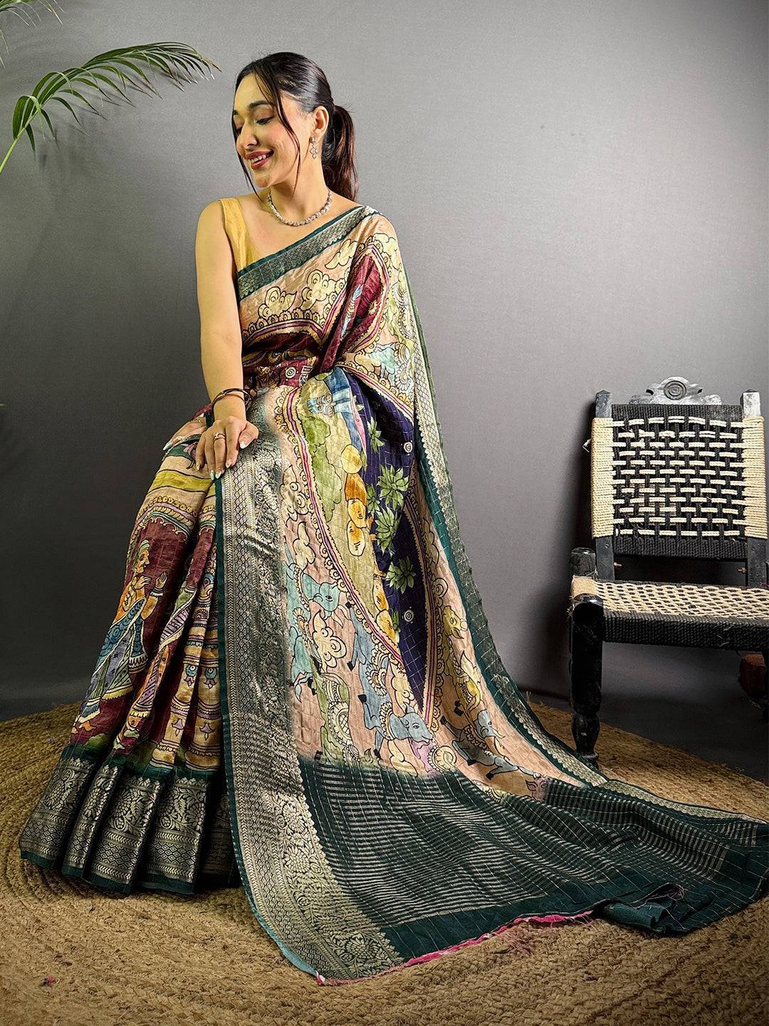 Navy Blue Pure Viscose Kalalmkari Print Saree

