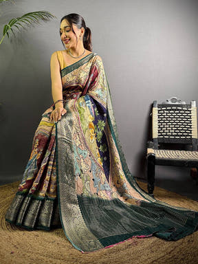 Navy Blue Pure Viscose Kalalmkari Print Saree


