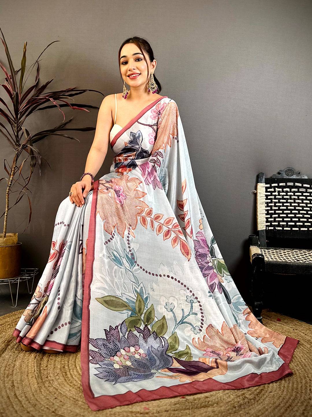 Light Blue Stone Work Floral Chinnon Saree
