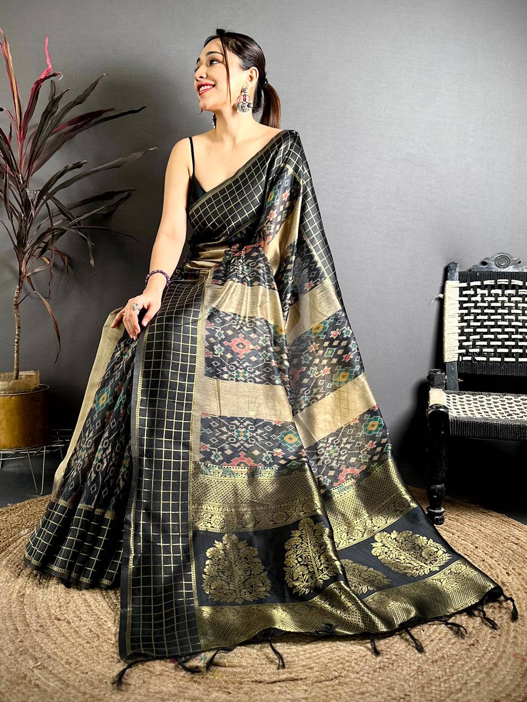Stylish Black Soft Silk Zari Chex Saree