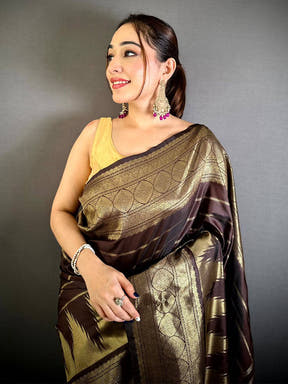 Wooden Brown Soft Silk Temple Border Saree