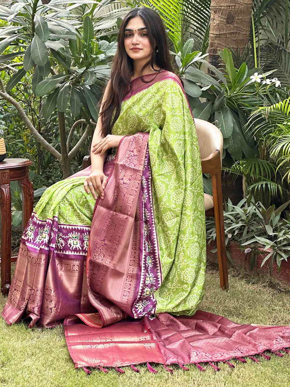 Green silk Bandhej saree with pink Pattu Zari border