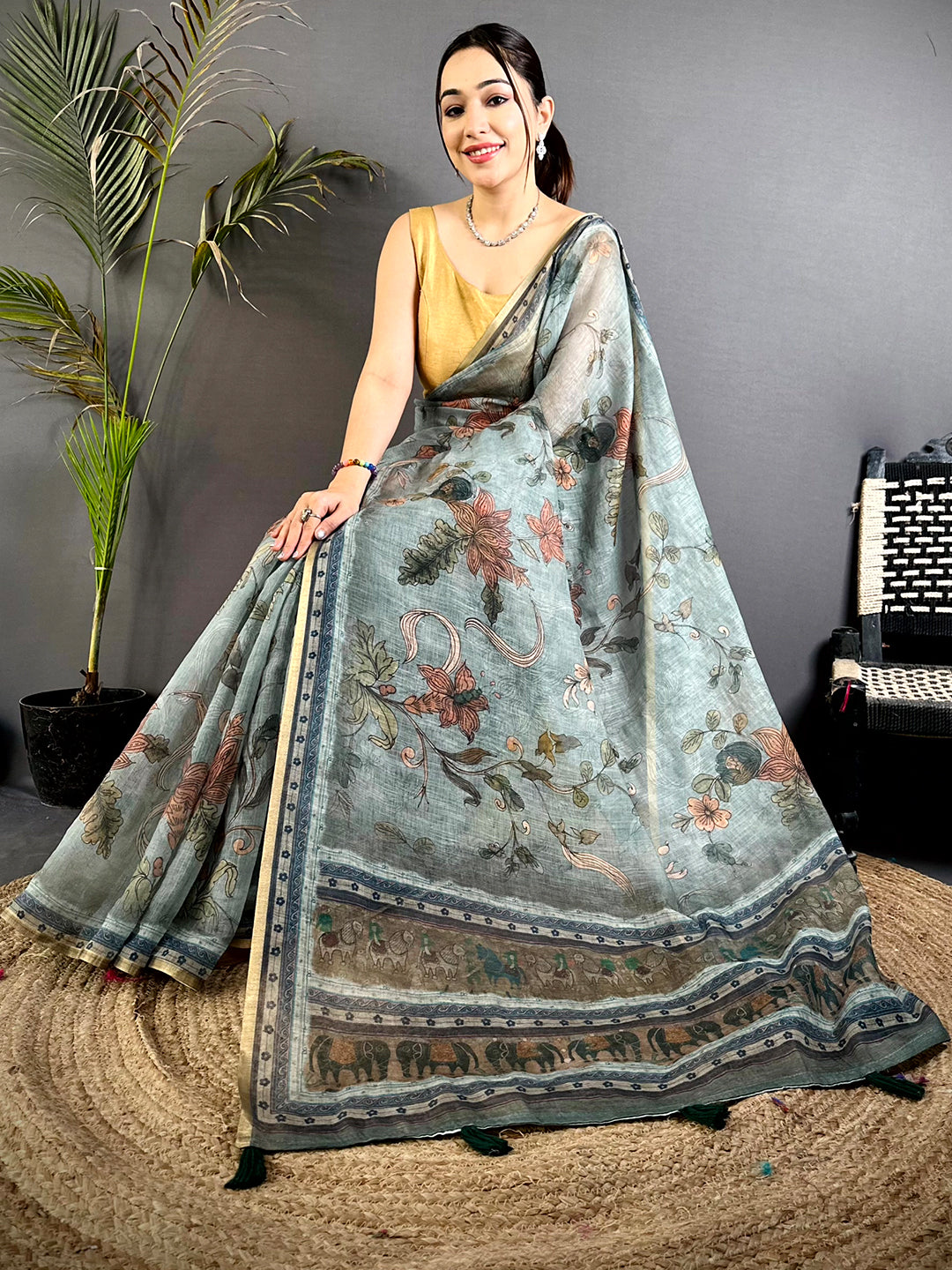 Regal Dark Floral Linen Saree


