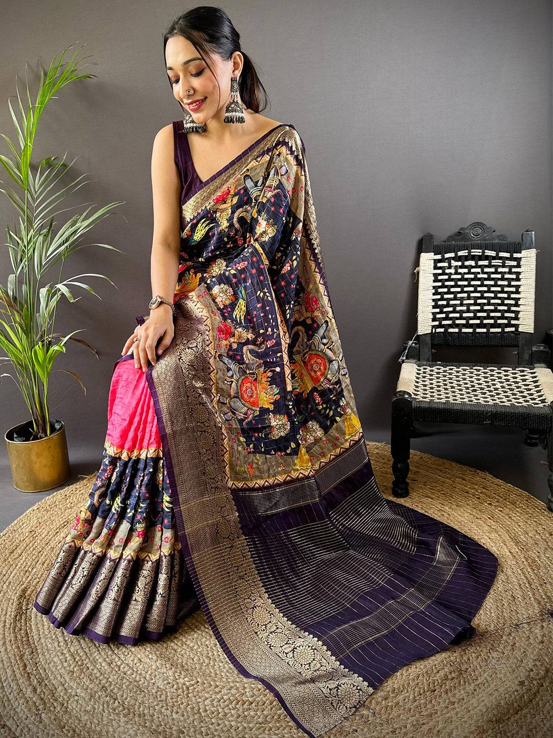Artful Kalamkari Viscose Dola Silk Saree
