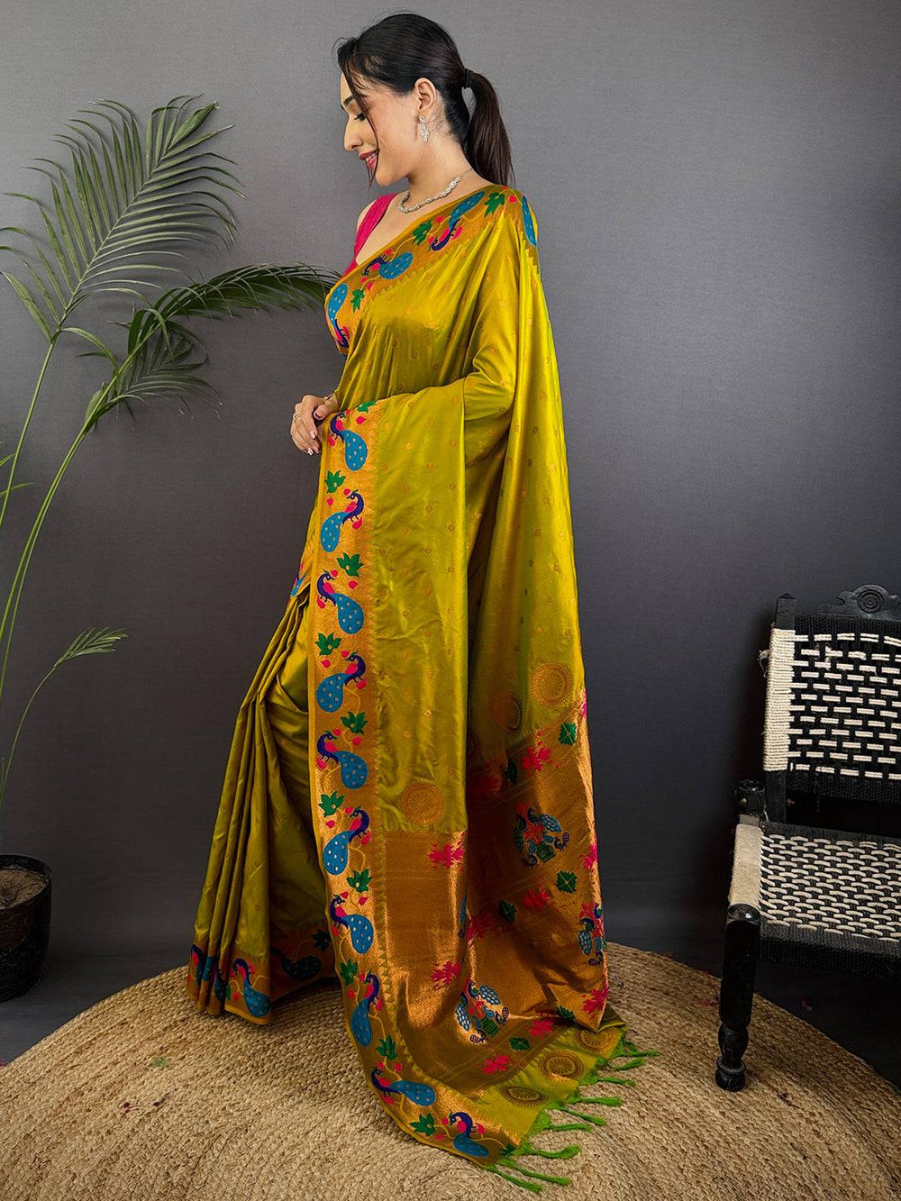 Mustard Yeola Paithani Soft Silk Saree