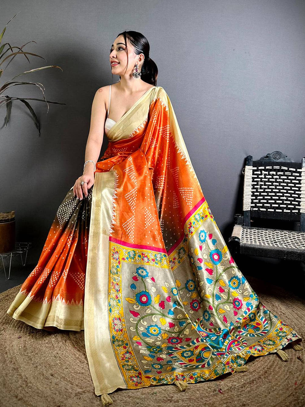 Regal Kalamkari Pallu Bandhej Print Saree