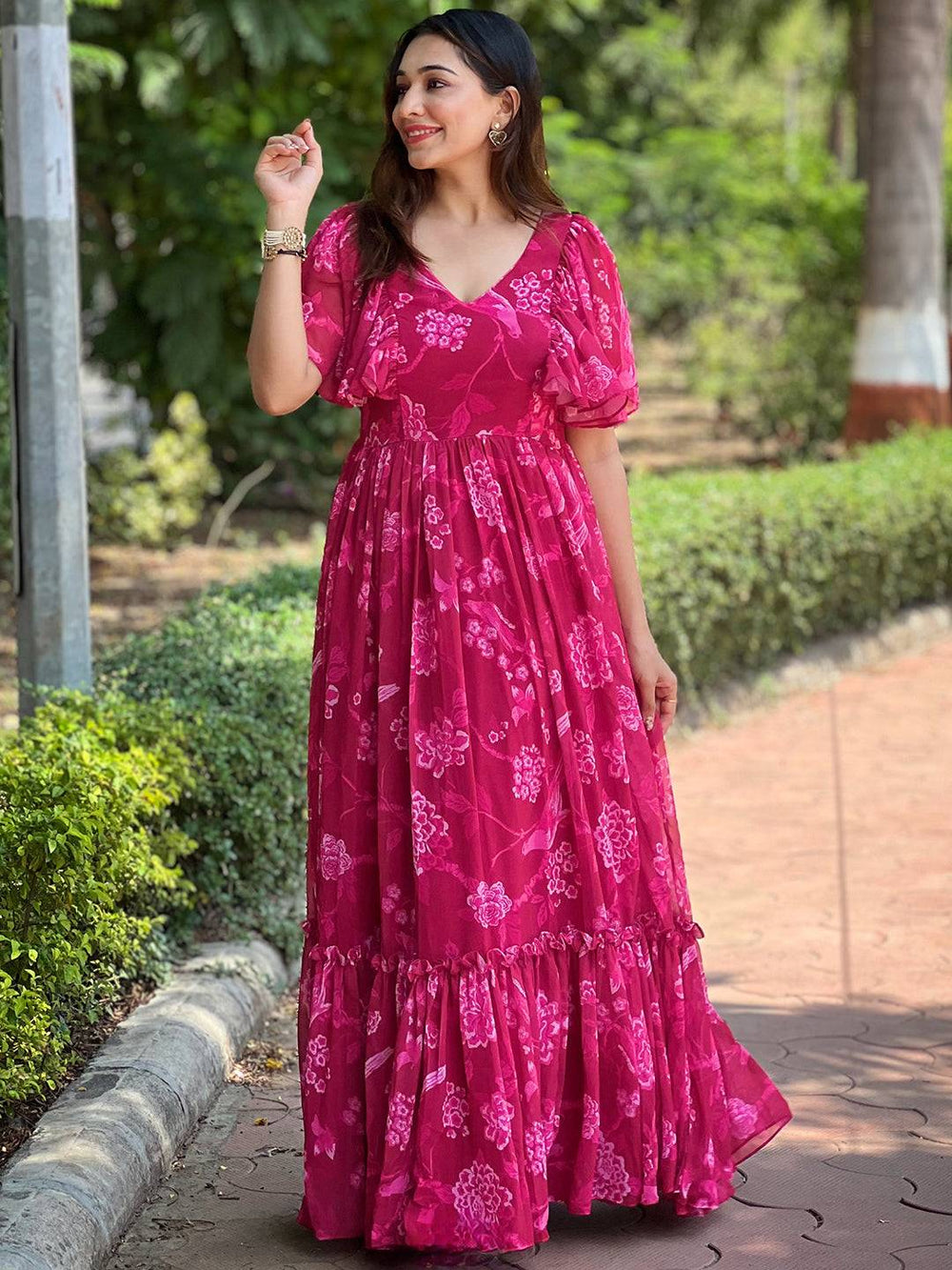 Pink Peony V-neck Flary Dress with floral print