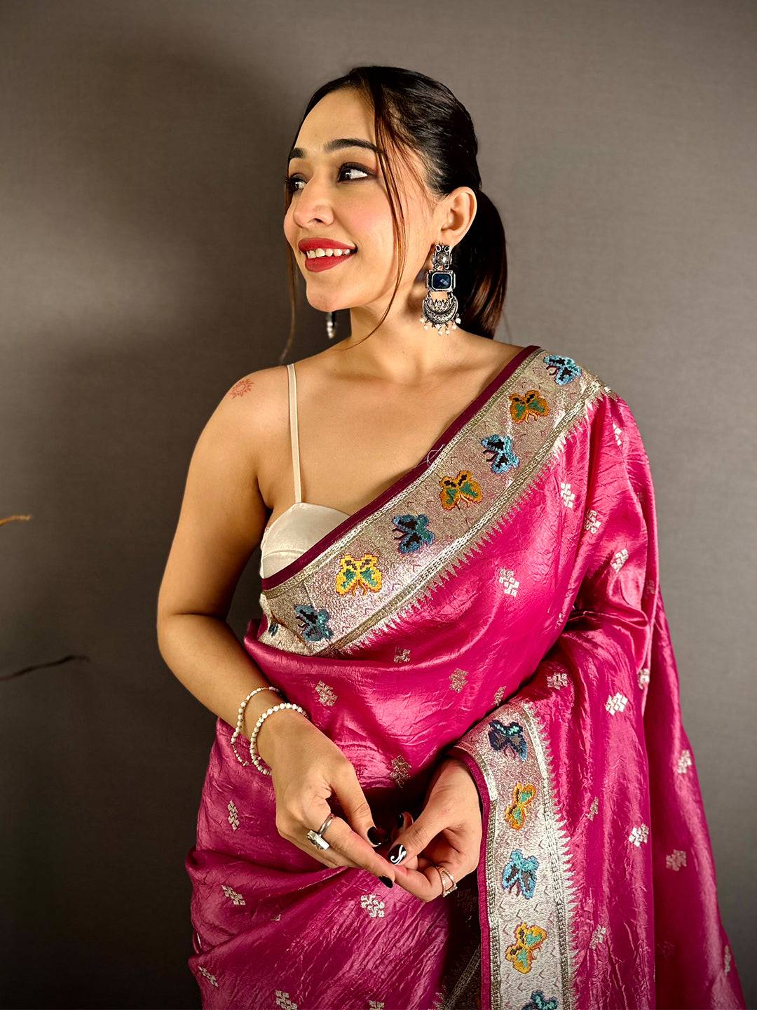 Pink Crush Silk Zari Embroidered Saree