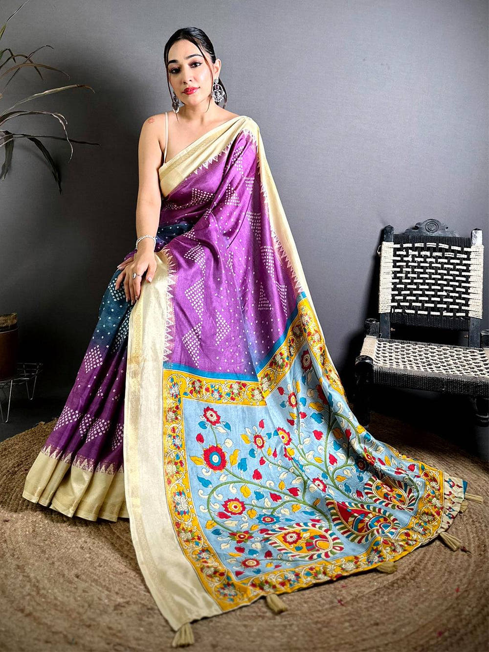 Vibrant Kalamkari Pallu Bandhej Print Saree