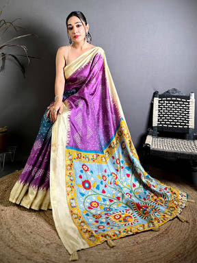 Vibrant Kalamkari Pallu Bandhej Print Saree