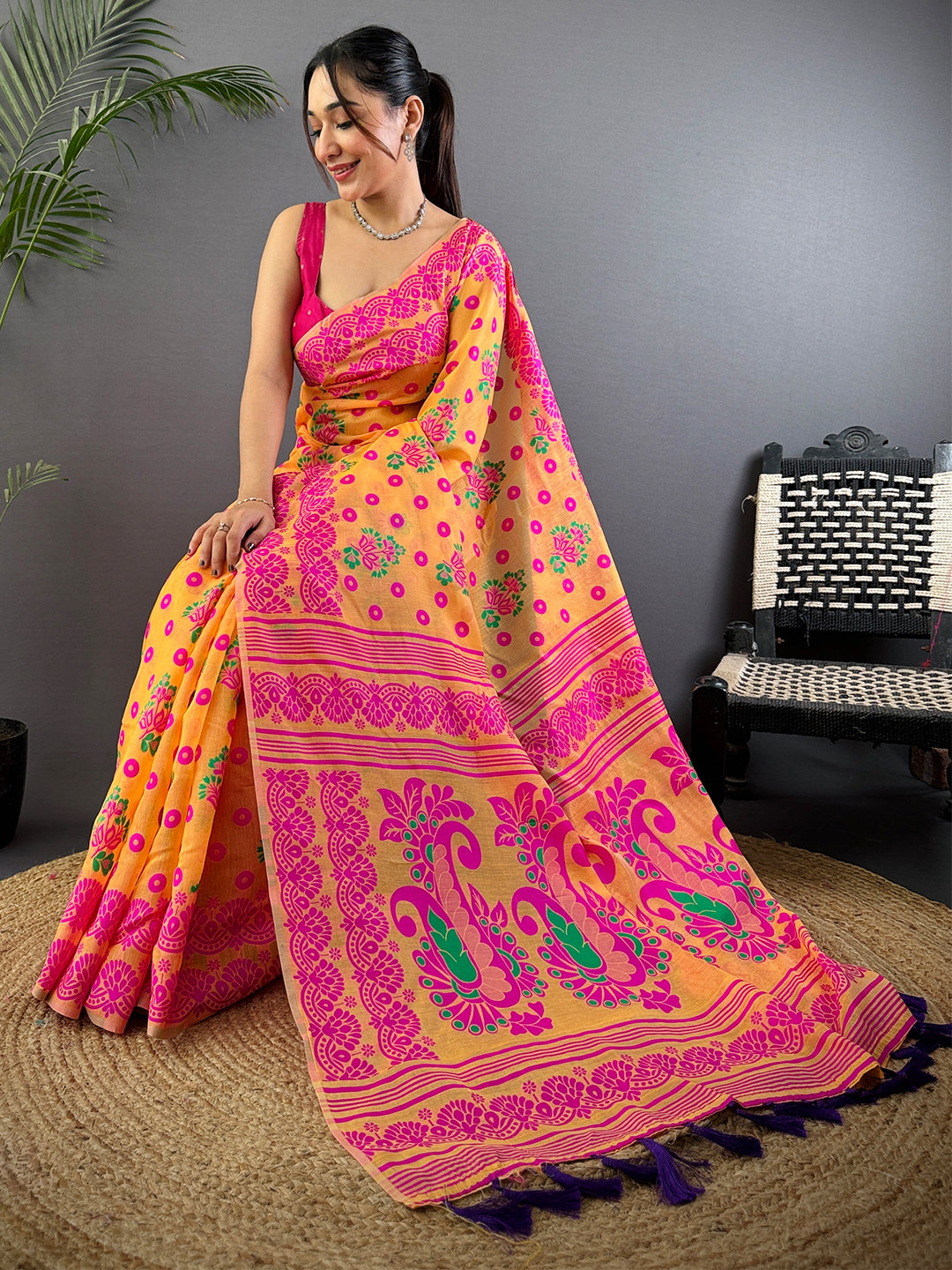 Mustard Dhakai Jamdani Cotton Silk Saree