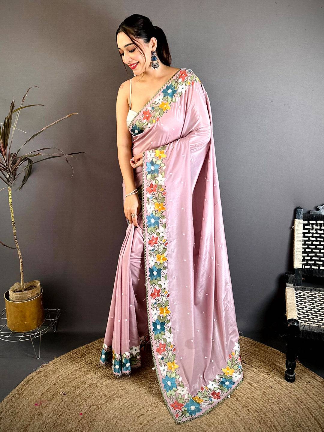 Celebrity Floral Embroidered Border Saree
