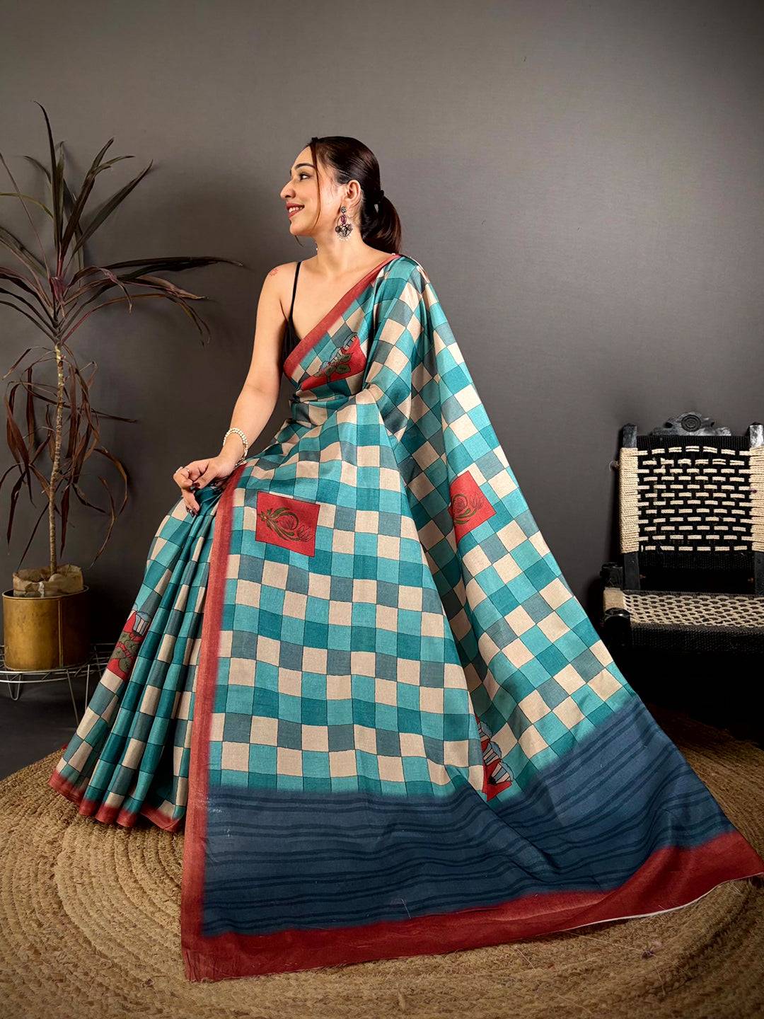 Multicolour Block Print Soft Tussar Saree