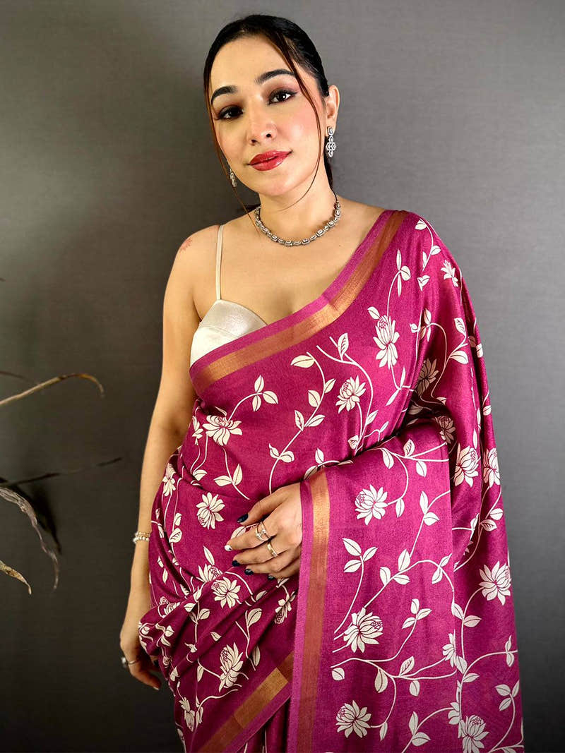 Magenta Leaf Printed Mul Cotton Saree