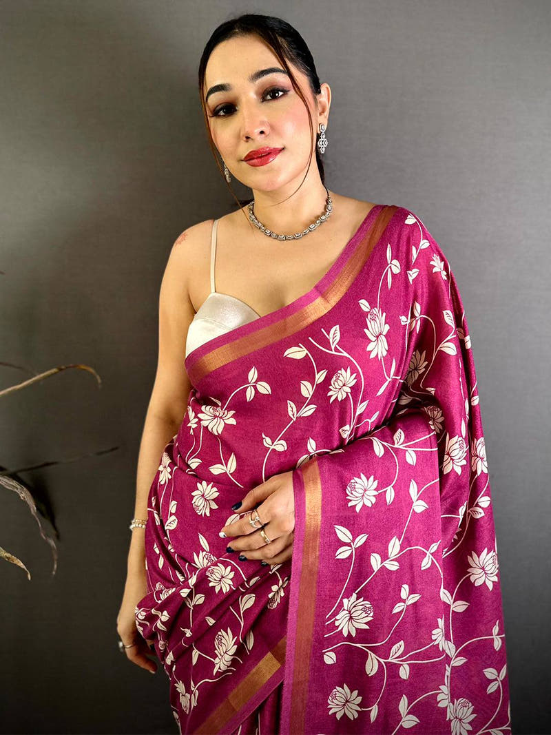 Magenta Leaf Printed Mul Cotton Saree