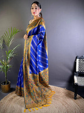 Blue Gold Zari And Kalamkari Print Saree