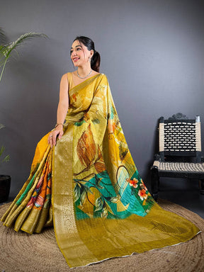 Elegant Mustard Yellow Floral Art Saree