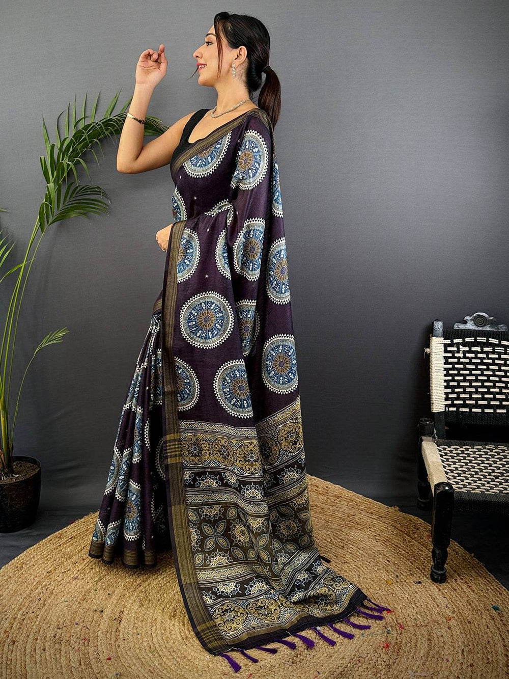 Dark Purple Linen Ajarak Print Saree