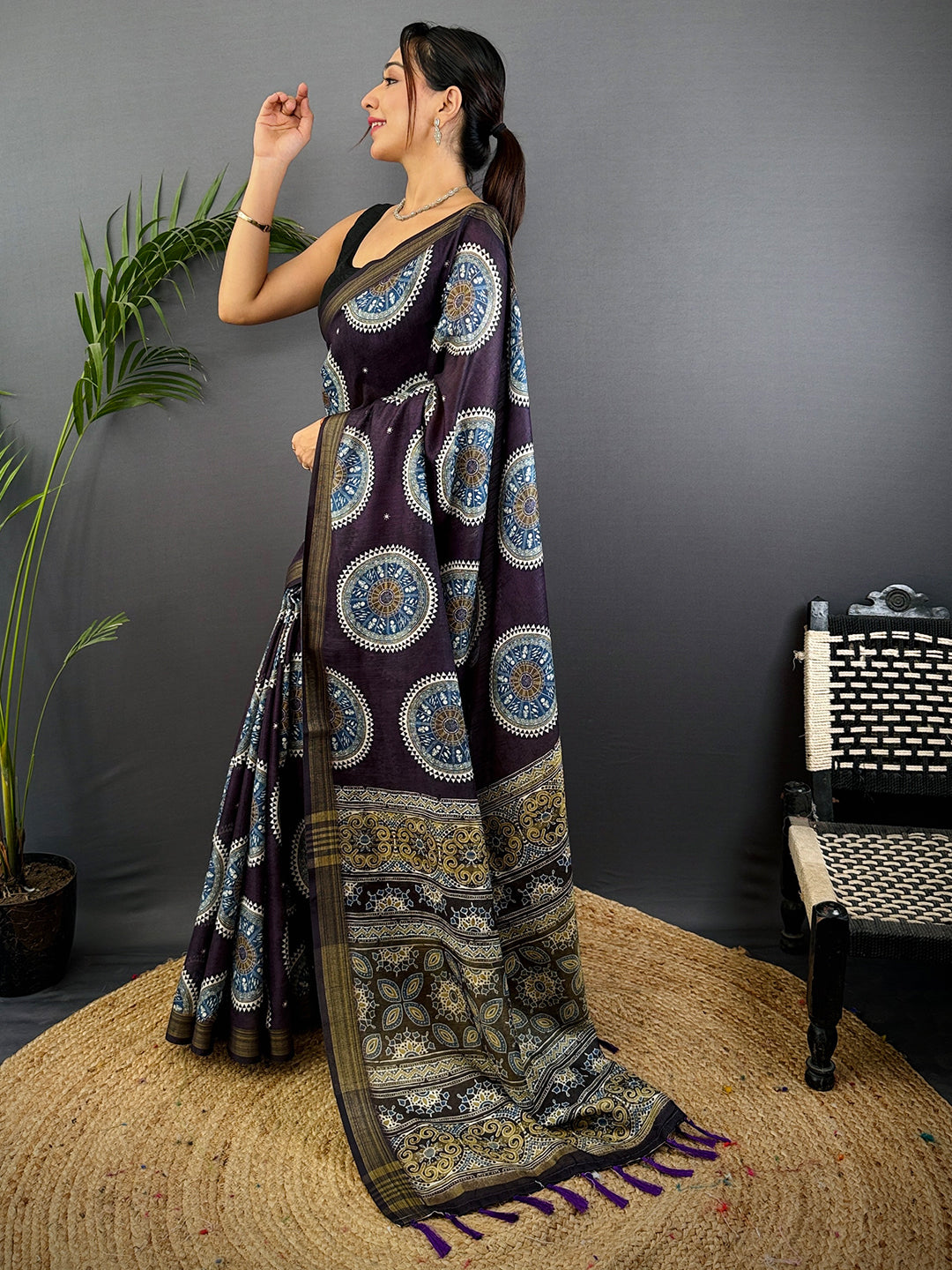 Dark Purple Linen Ajarak Print Saree