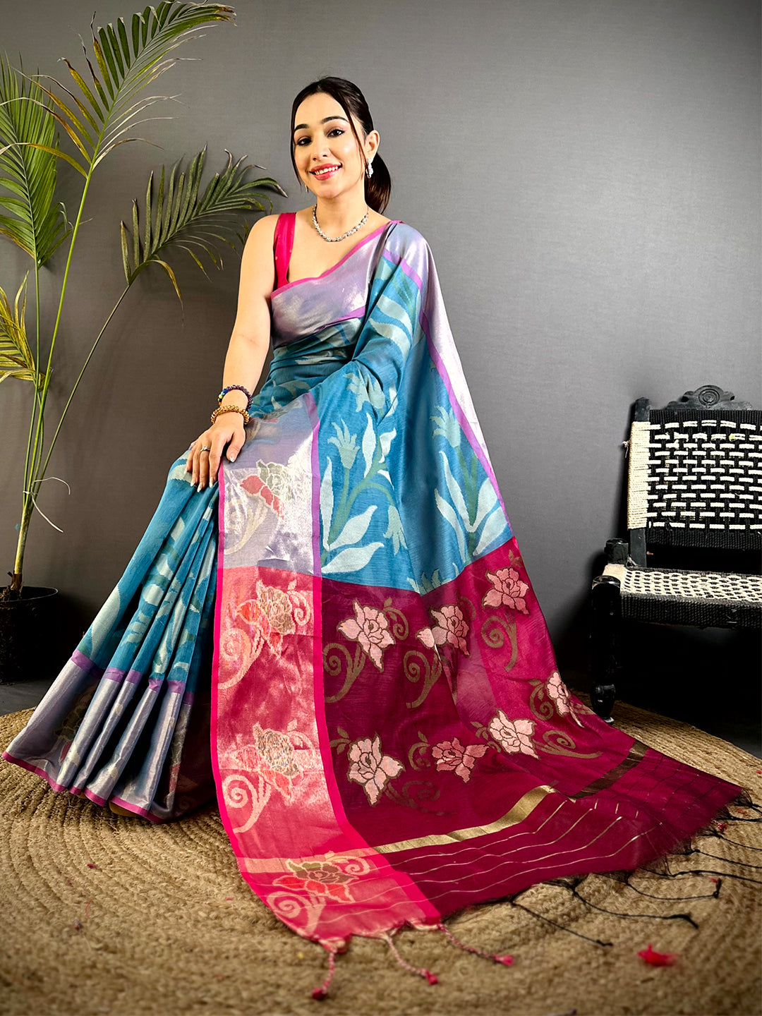 Turquoise Blue Soft Chanderi Pochampally Ikkat Saree