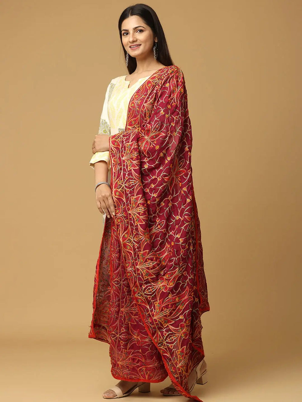 Side view of Wine Poly Chiffon Pashmina Dupatta