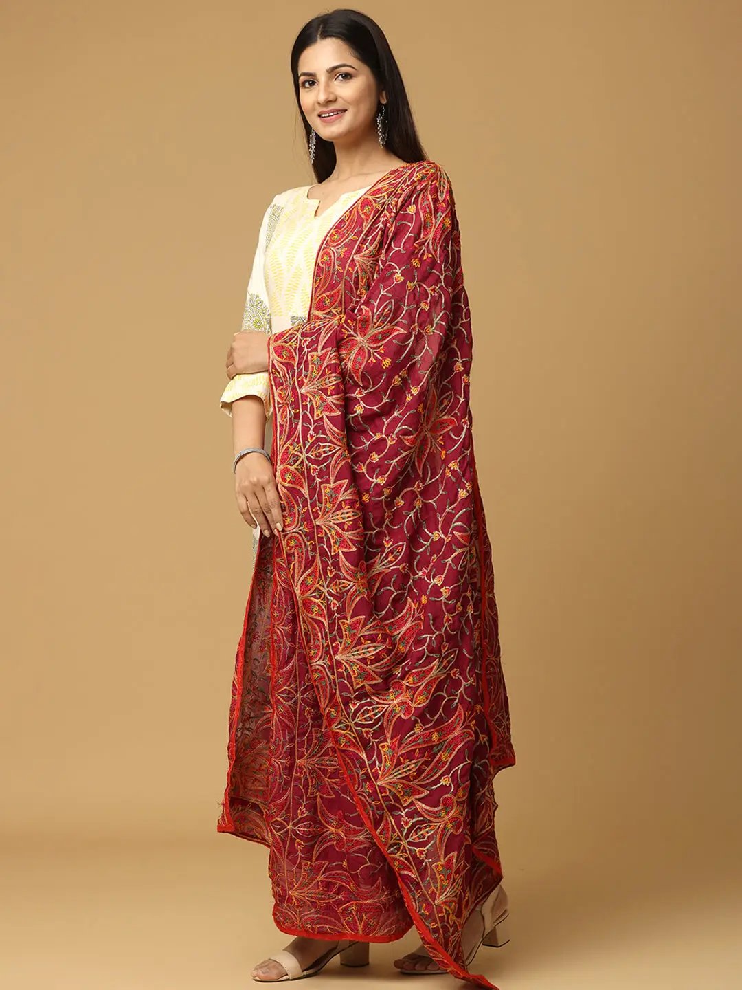 Side view of Wine Poly Chiffon Pashmina Dupatta