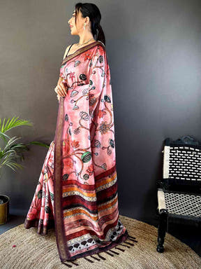 Pink Soft Silk Freehand Kalamkari Print Saree